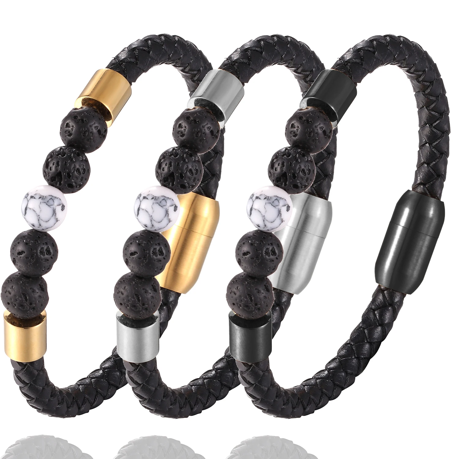 2020New Fashion Charm мужской кожаный браслет Лава чакра камень Бусины черные браслеты из