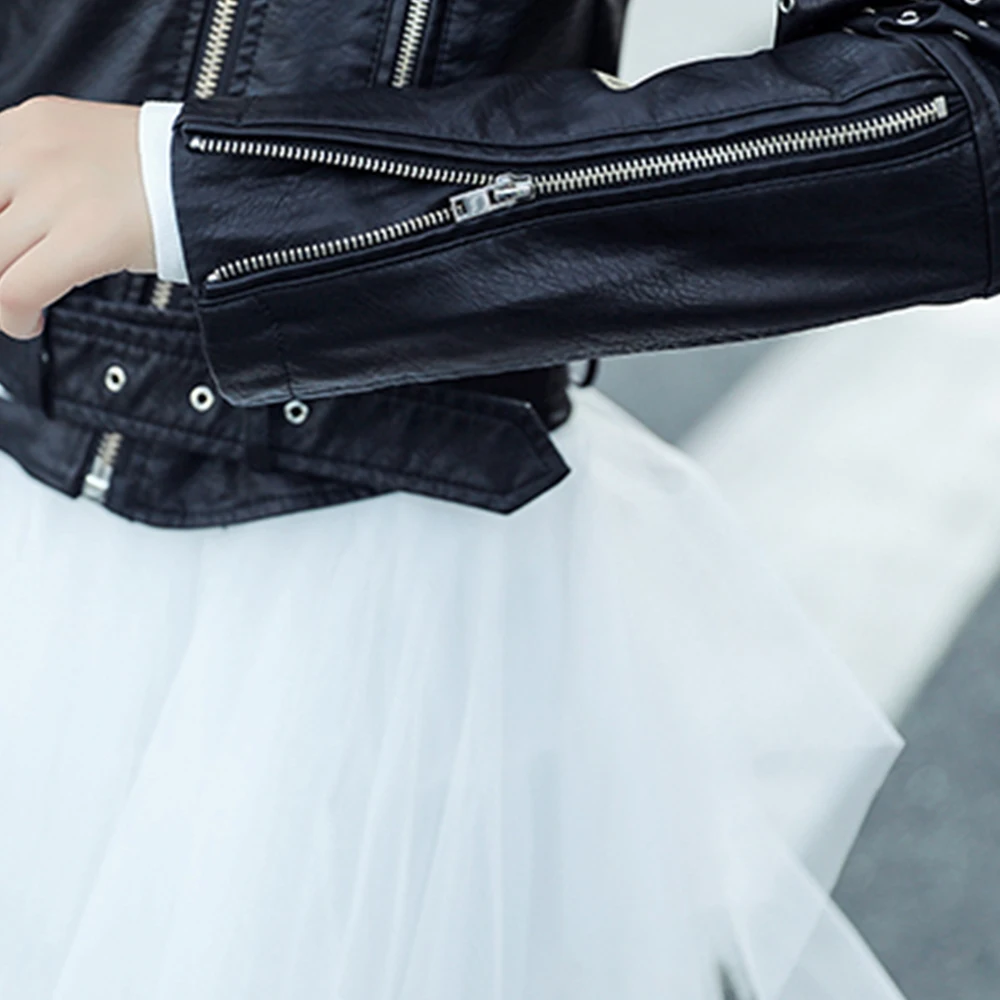 Женская куртка из искусственной кожи FTGSDLONG черная с длинными рукавами и