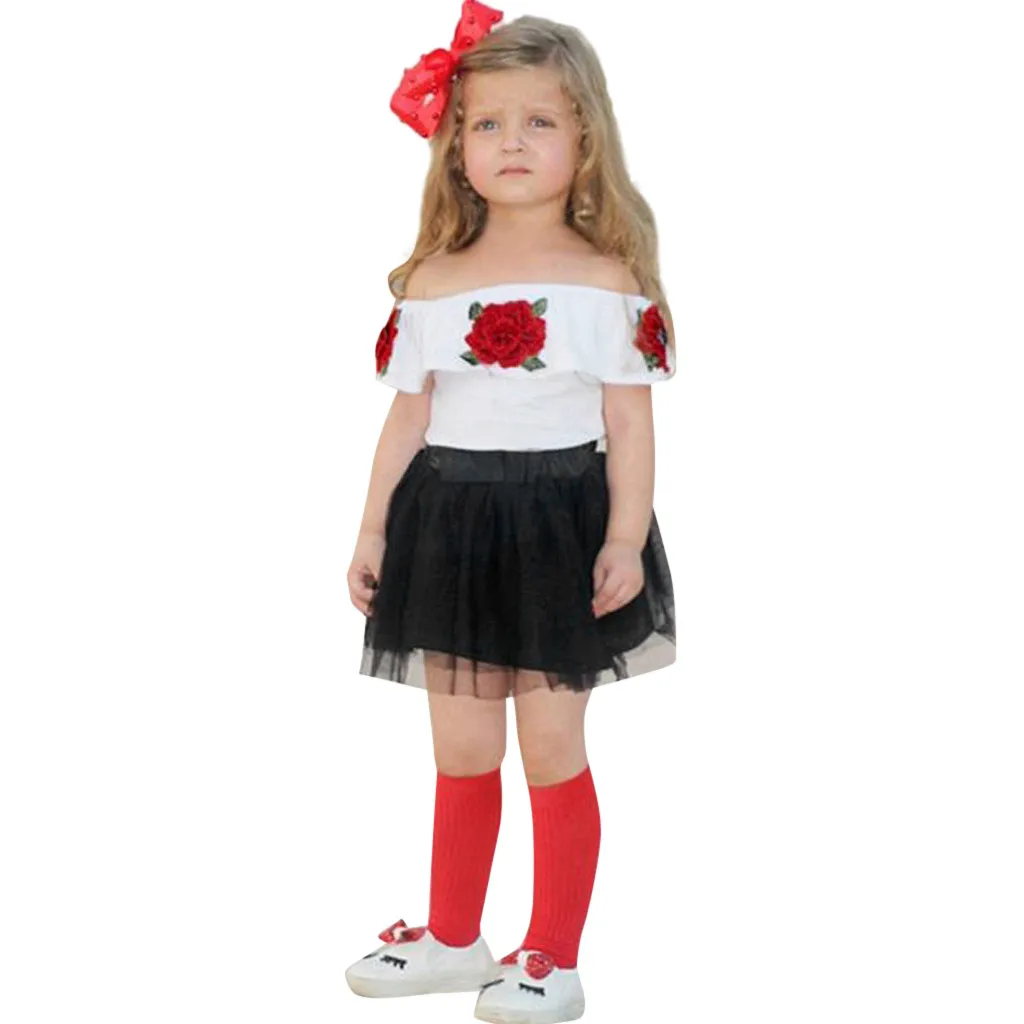 Одежда для маленьких девочек топы с вышитыми розами и открытыми плечами +