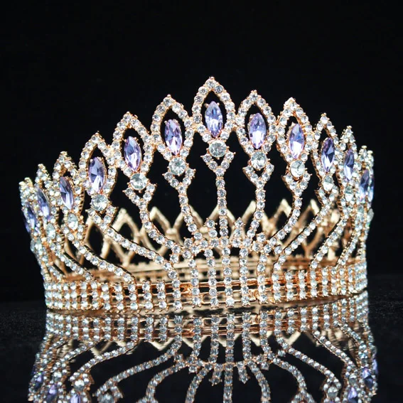 Gold purple Роскошный сверкающий кристалл барокко Королева Король свадебная тиара Корона театрализованный диадема на выпускной вечер головной убор Свадебные украшения для волос аксессуары - Окраска металла: Gold purple
