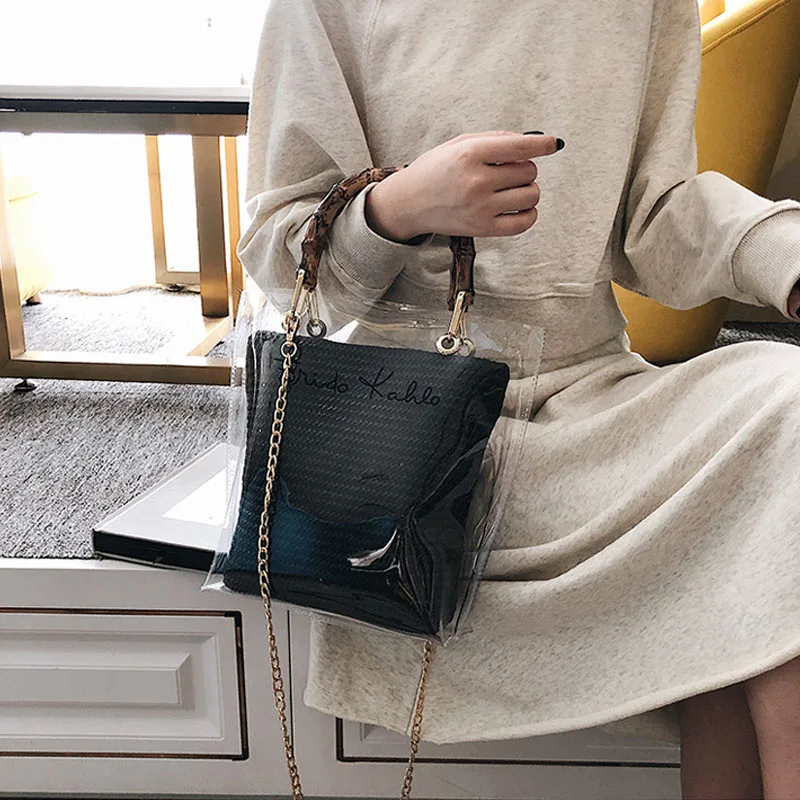

CASMOR 2019 Fashion Women Handbag Brand Summer Woven Bohemia Bamboo Handle Shoulder Crossbody Bags Clear Transparent Beach Bag