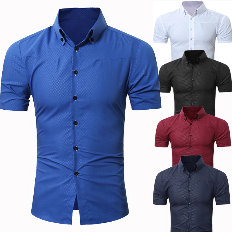 Brand 2018 Fashion Male Hawaiian Shirt Short-Sleeves Tops Small Grid Solid Color Mens Dress Shirts Slim Men 5XL | Мужская одежда