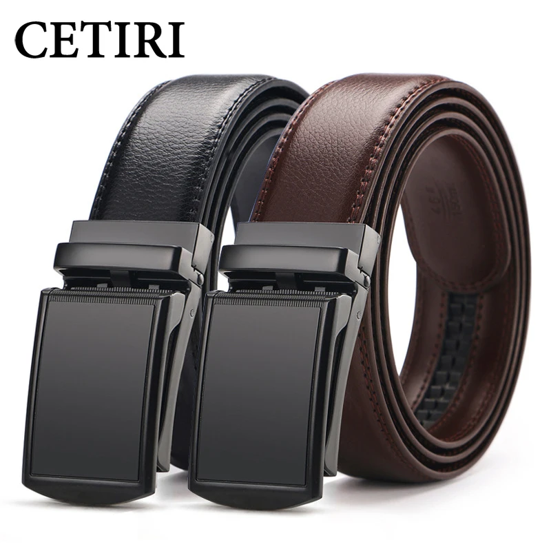 CETIRI men's ratchet click belt genuine leather dress belt for men jeans holeless automatic sliding buckle black brown belts cin