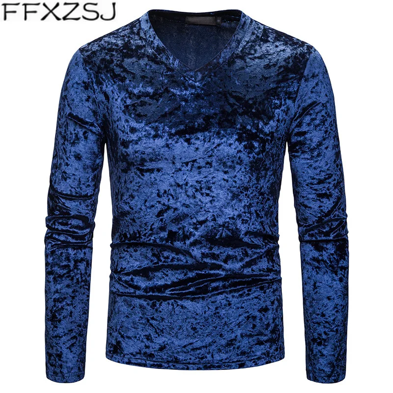 

Men's Thick Velvet T-shirt Men 2019 Autumn Winter New Slim Fit Long Sleeve V Neck T Shirt Men Solid Color Basic Tee Shirt Homme