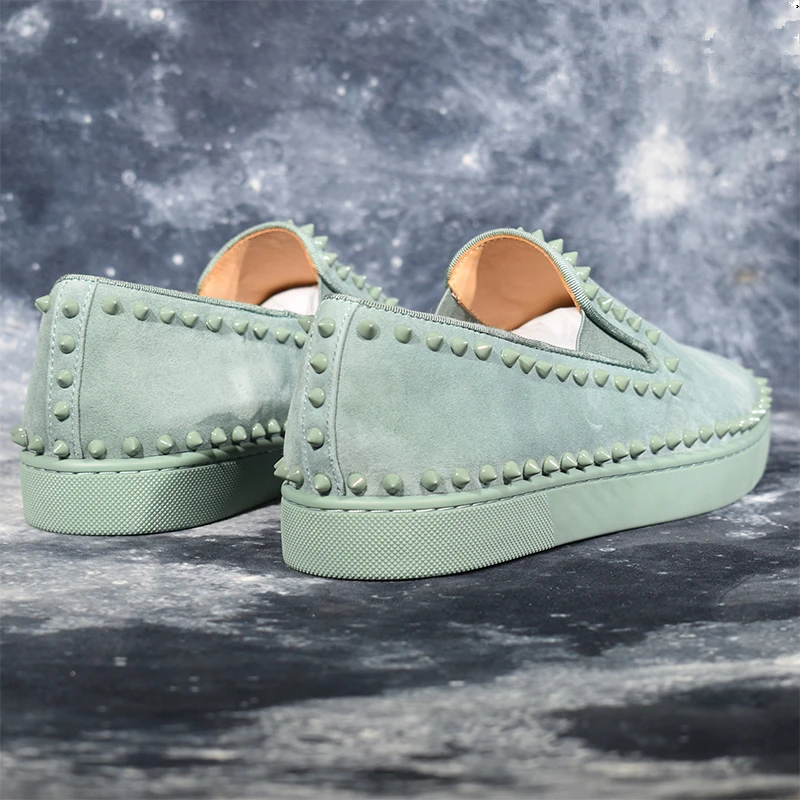Suede Leather Pattern Flats Men Studded Spikes Red Thick Sole Loafers Male Round Toe Slip On Casual Shoes Rivets Green 48 | Обувь