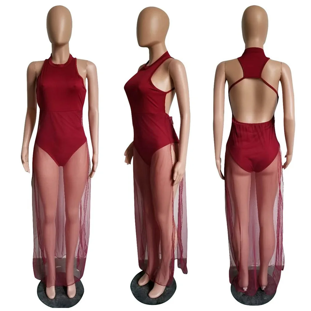 Женское Макси Платье с лямкой на шее летнее шифоновое Сетчатое платье открытой