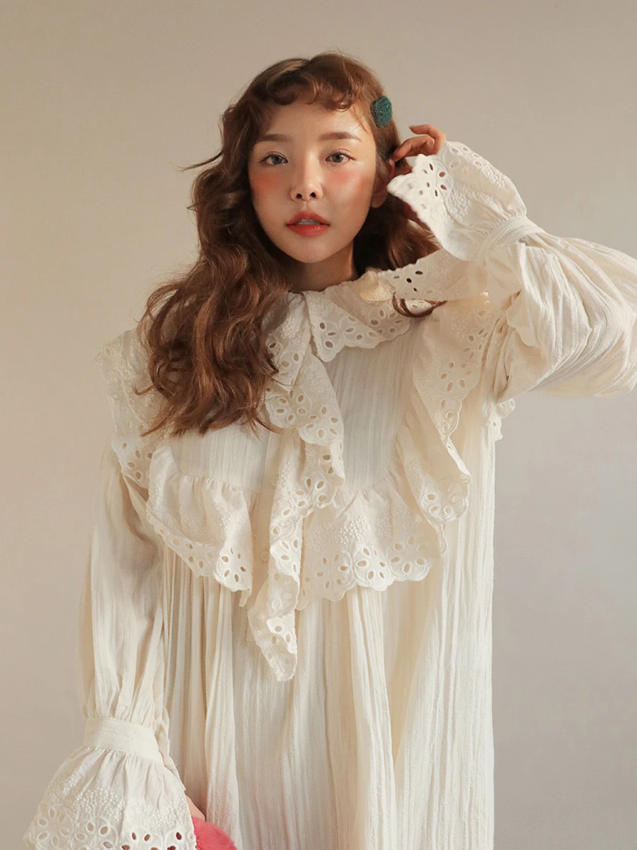 

new cotton hollowed lace dress long turtle neck ruffles flare sleeve
