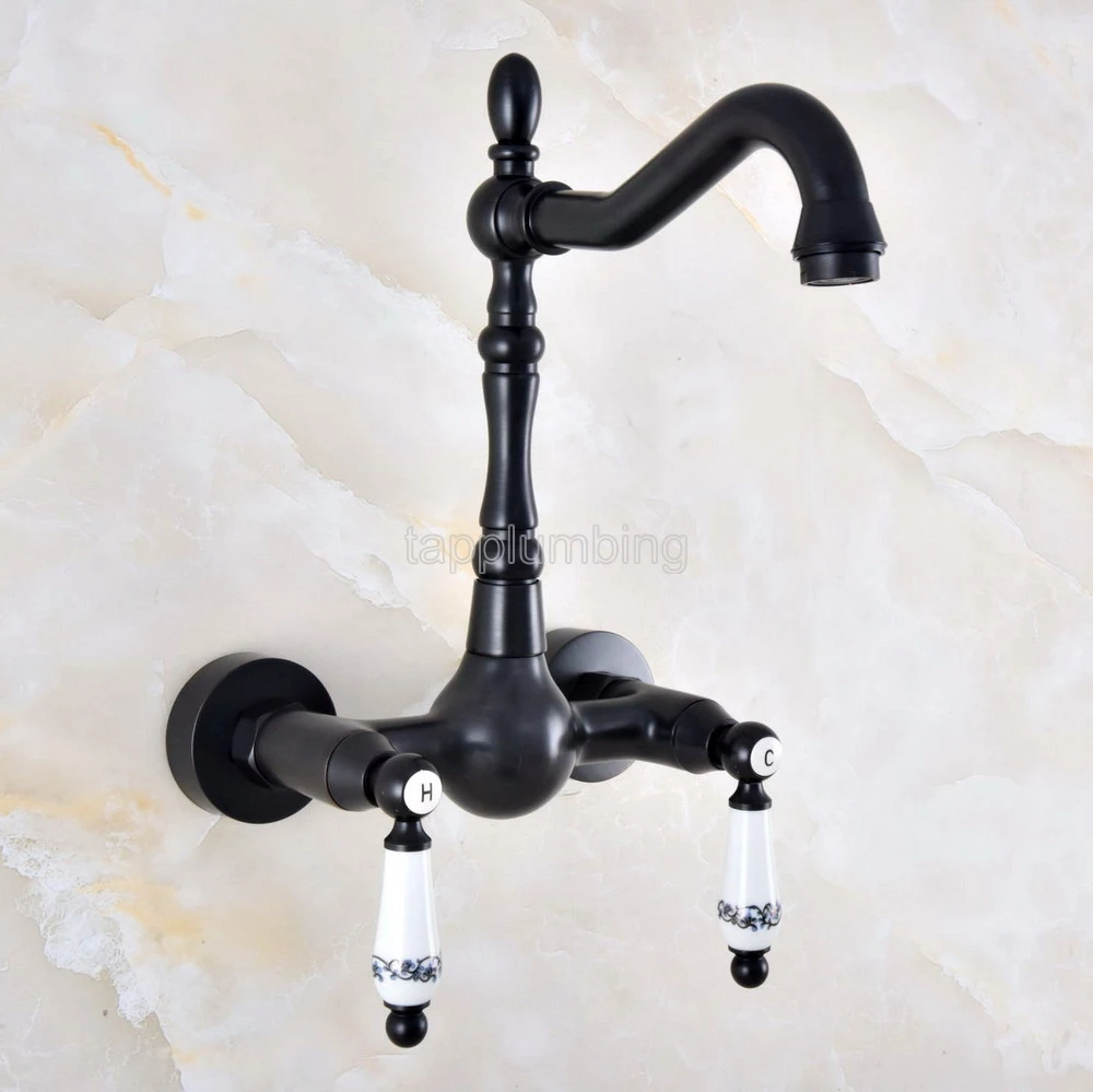 

Black Oil Rubbed Bronze Wall Mounted Bathroom Basin Faucet / 360 Swivel Spout Kitchen Sink Mixer Taps tnf861