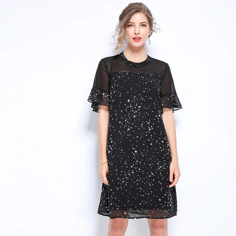 2019 Summer Fashion Ladies elegant dress printed patchwork faux two party vestidos flare sleeves plus size tunics L-XXXXXL | Женская