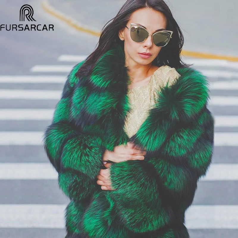 FURSARCAR Роскошная Шуба из натурального Лисьего меха с меховым воротником Длинная