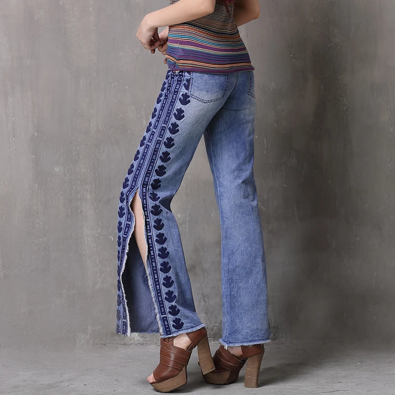 JXDINOY 2018 Vintage embroidery Apparel Women Jeans Split Beading Wide Leg Straight Denim Pants Pantalon Femme |