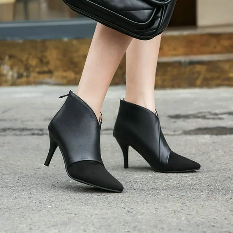 QUTAA/; Лоскутные женские туфли из искусственной кожи на тонком высоком каблуке; пикантные осенне-зимние ботильоны на молнии с острым носком; размеры 34-43