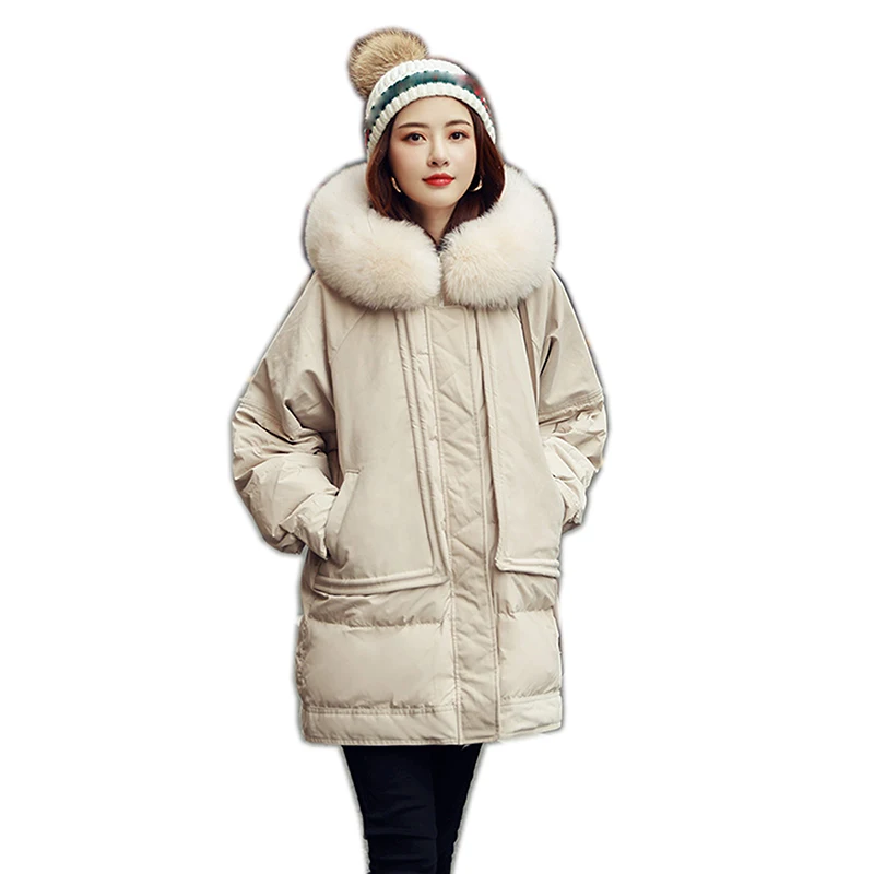 

Женский длинный толстый пуховик, Белый свободный пуховик в Корейском стиле с воротником из натурального Лисьего меха, новинка зимы