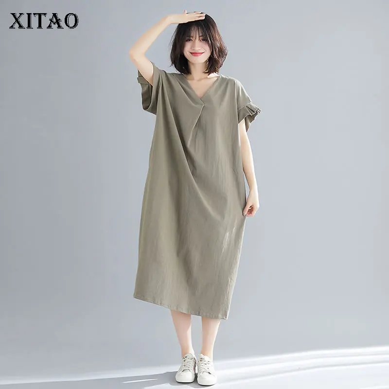 [XITAO] корейское Модное Новое Женское 2019 летнее Свободное платье с v-образным