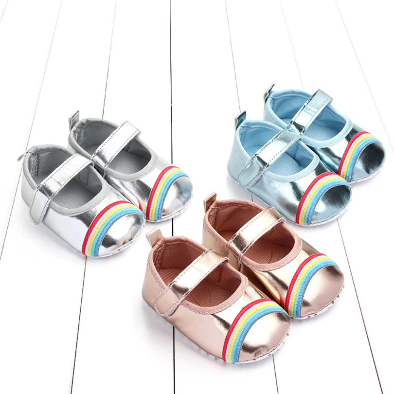

Newborn Baby Girls Rainbow Splicing Bling Solid PU Single Shoes First Walkers Casual Soft Sole Anti-Slip Toddler Shoe 0-15M A20