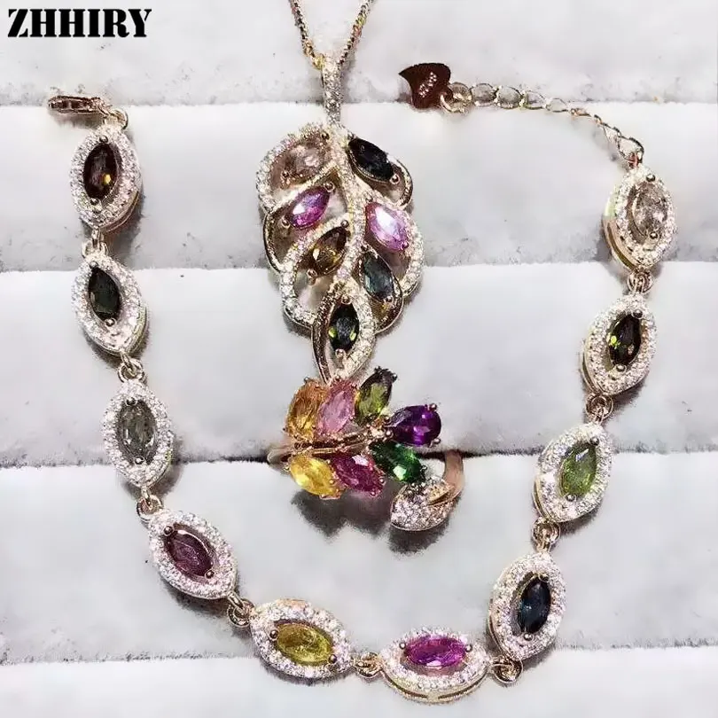 

ZHHIRY Women Natural Tourmaline Gem Stone Jewelry Sets Real Solid 925 Sterling Silver Set Girl Ring Necklace Pendant Bracelet