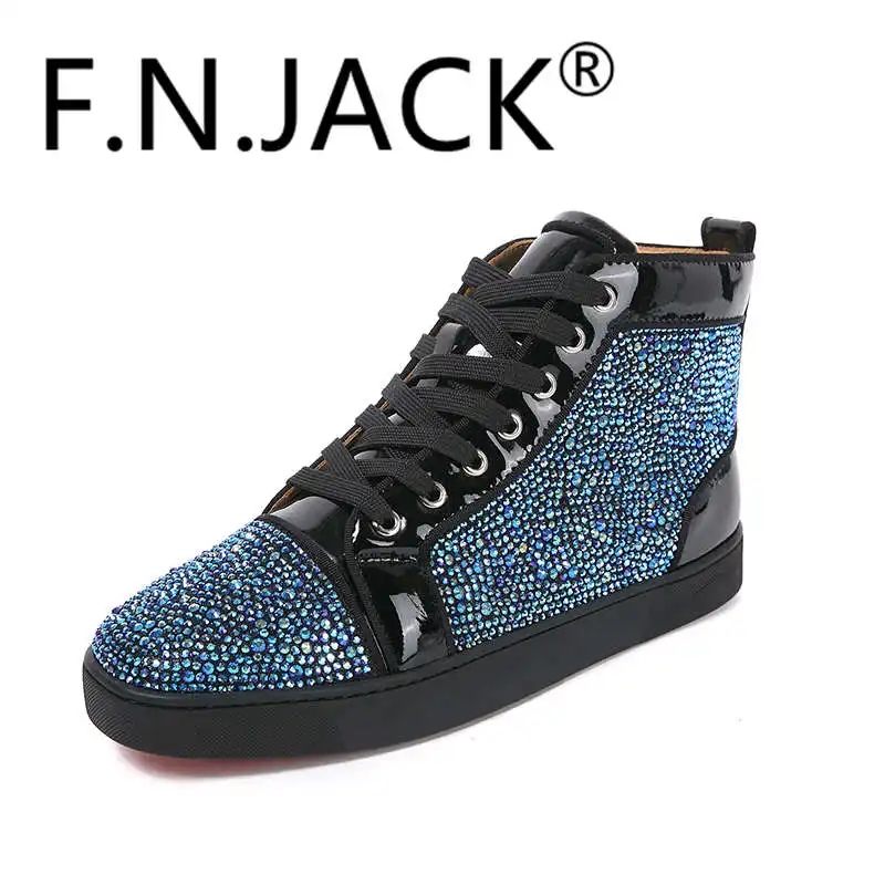 FNJACK Fashion Multi Strass Swarovski Suede Leather Sneaker Hi-top Flat Shoes Trainers red bottom | Обувь