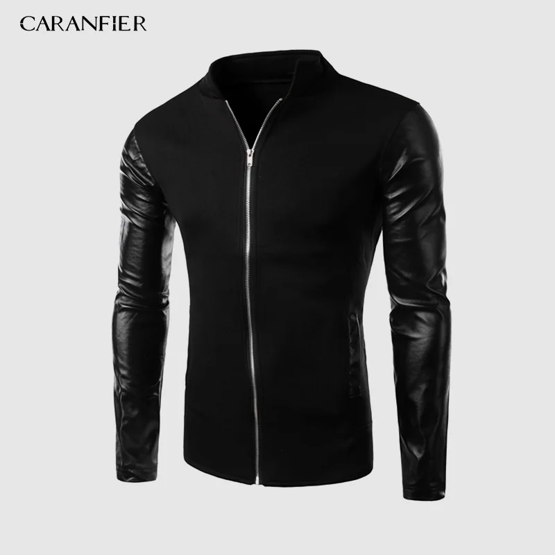 Мужские кожаные куртки CARANFIER зимние винтажные однотонные облегающие со стоячим
