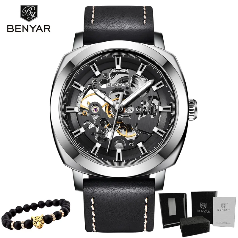 5121-Silver black BENYAR новые Брендовые мужские часы автоматические механические часы спортивные часы кожаные повседневные деловые наручные часы Relogio Masculino - Цвет: 5121-Silver black