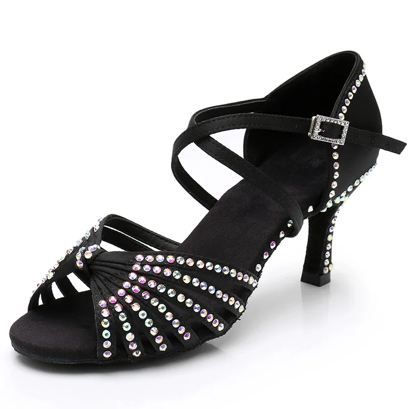 Hot Selling Women Latin Dance Shoes Diamond Adult Girls Satin Tango Ballroom Dance Shoes High HeelsThickened Sole Soft