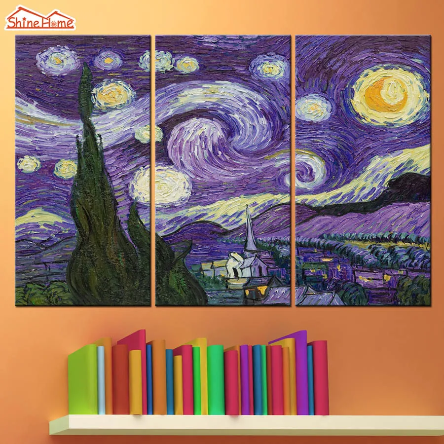 ShineHome 3pcs Van Gogh картина маслом плакат Триптих и принты на холсте звездное небо