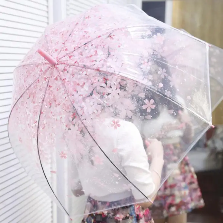 Модные прозрачный зонтик Cherry Blossom Для женщин дождь Сакура длинной ручкой Зонты