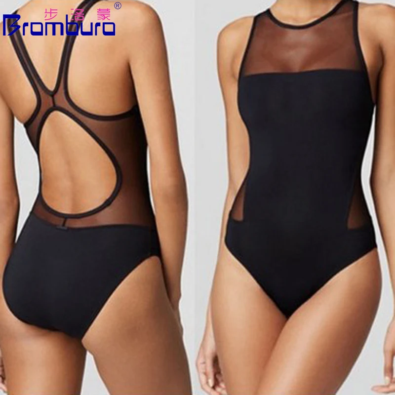 Black One Piece Cut Out Monokini Mesh Cross Back Swimsuit Women Hollow Thong Swimwear S-XL Sexy Bandeau Transparent | Спорт и