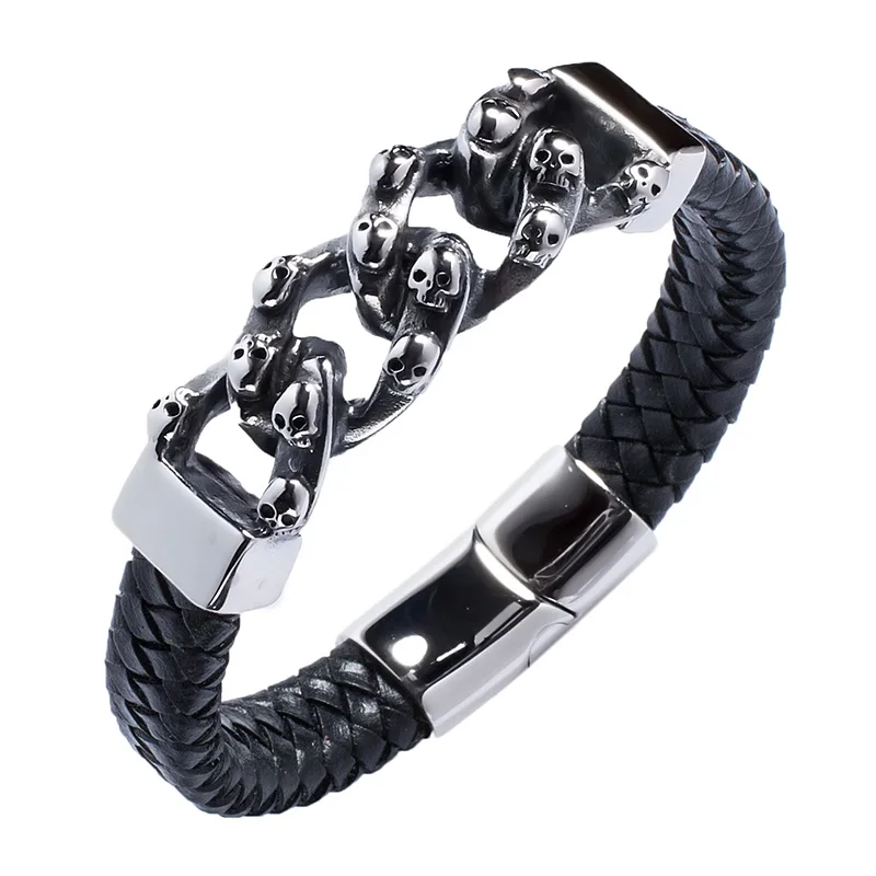 

Punk Braided Leather Bracelet Men Jewelry Skull Bracelet Punk Wrap Bracelets Stainless Steel Magnetic Buckle Male Bangles PW815