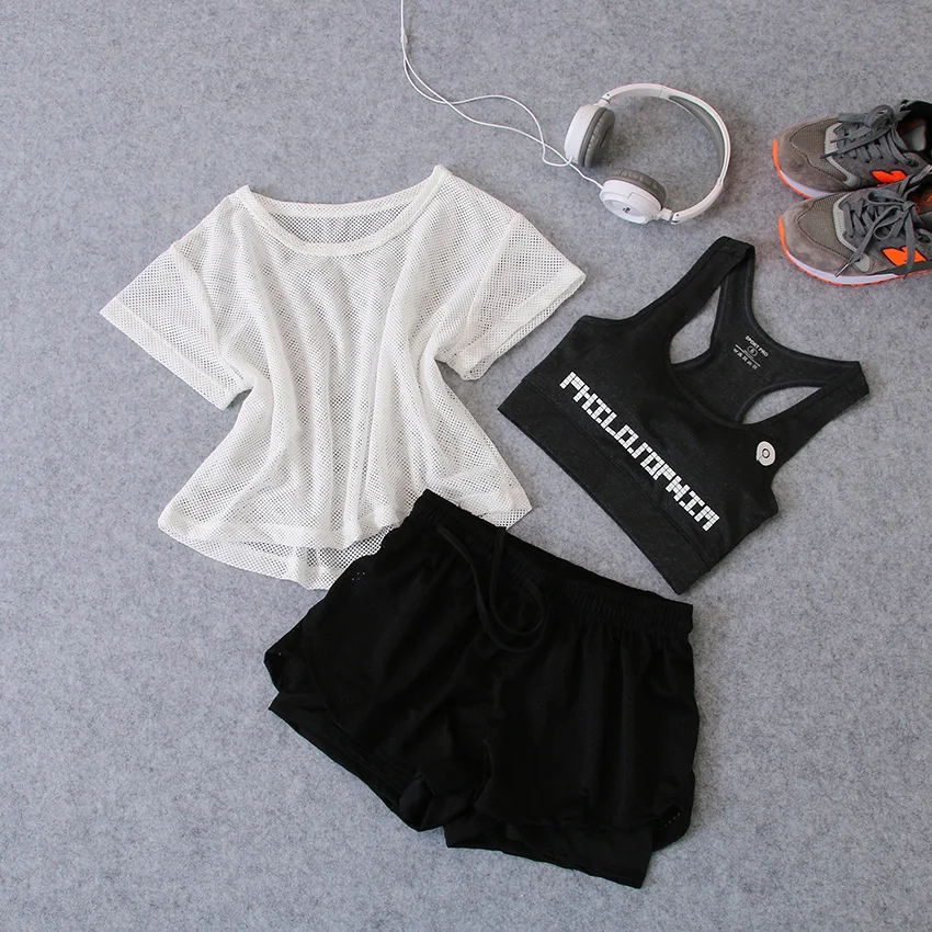 LUKITAS Fitness Women Elastic Waist Breathable Jogging Yoga Gym Badminton Exercise Bra+Short+Tshirt Workout Three Piece Suits