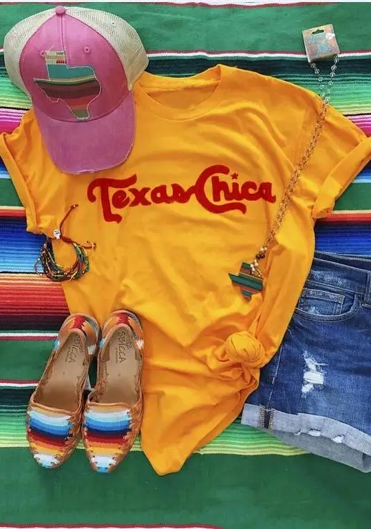 Orange-red text Футболка Texas Chica с круглым вырезом и коротким рукавом, оранжевая, красная, с буквенным принтом, Женская забавная футболка, графическая летняя стильная модная одежда, футболка - Цвет: Orange-red text