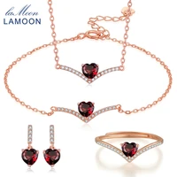 lamoon sterling silver 925 jewelry sets for women heart cut red garnet gemstone 18k rose gold plated fine jewelry v004 1