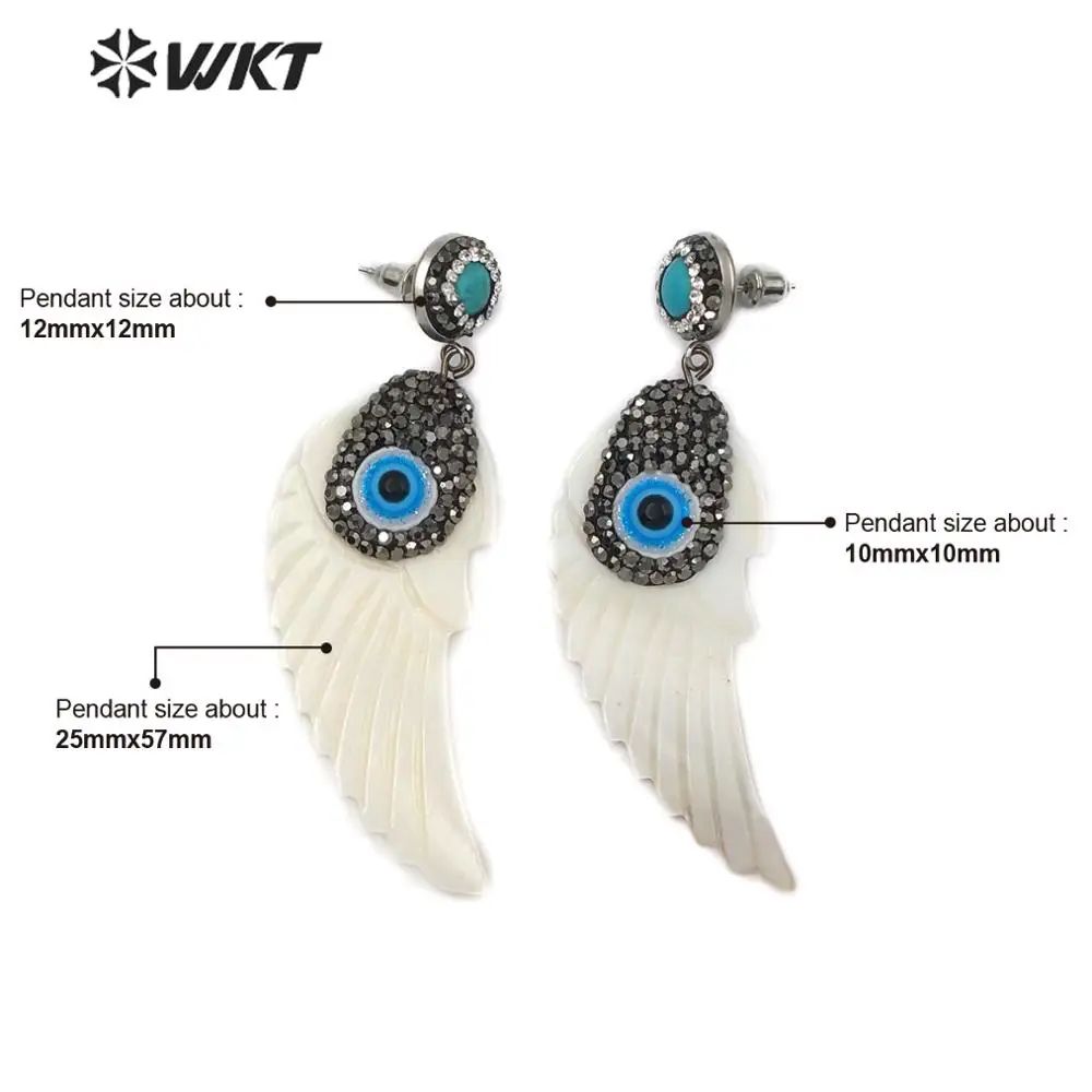 

WT-RE082 Evil Eye Shell Feather Earring Turquoises Stud Connect With White Shell Rhinestone Pave Earring Women Shell Earring