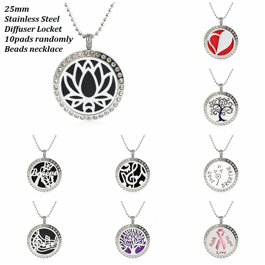25mm necklace locket Lotus Ribbon tree of life diffuser Perfume 316L Stainless Steel with S.S beads chain 10pad | Украшения и