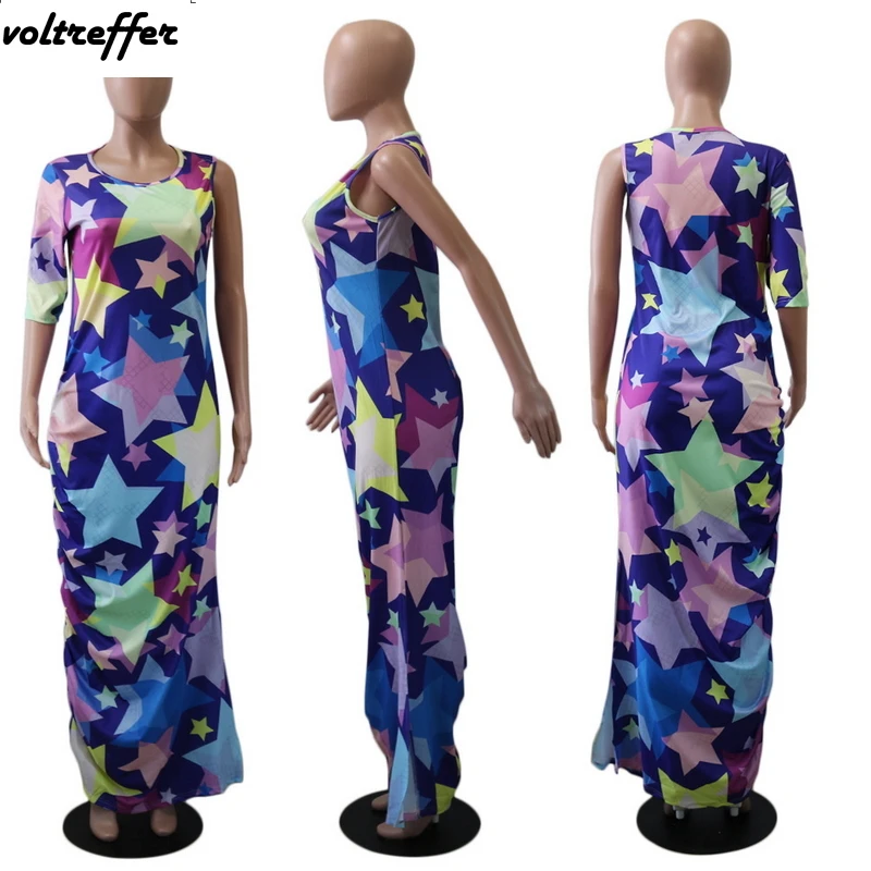 One Shoulder Wrinkle Ruched Geometric Printed Maxi Dresses Long Vestidos De Fiesta Sexy Boho Style Graphic Dress 2018 Fall Beach | Женская