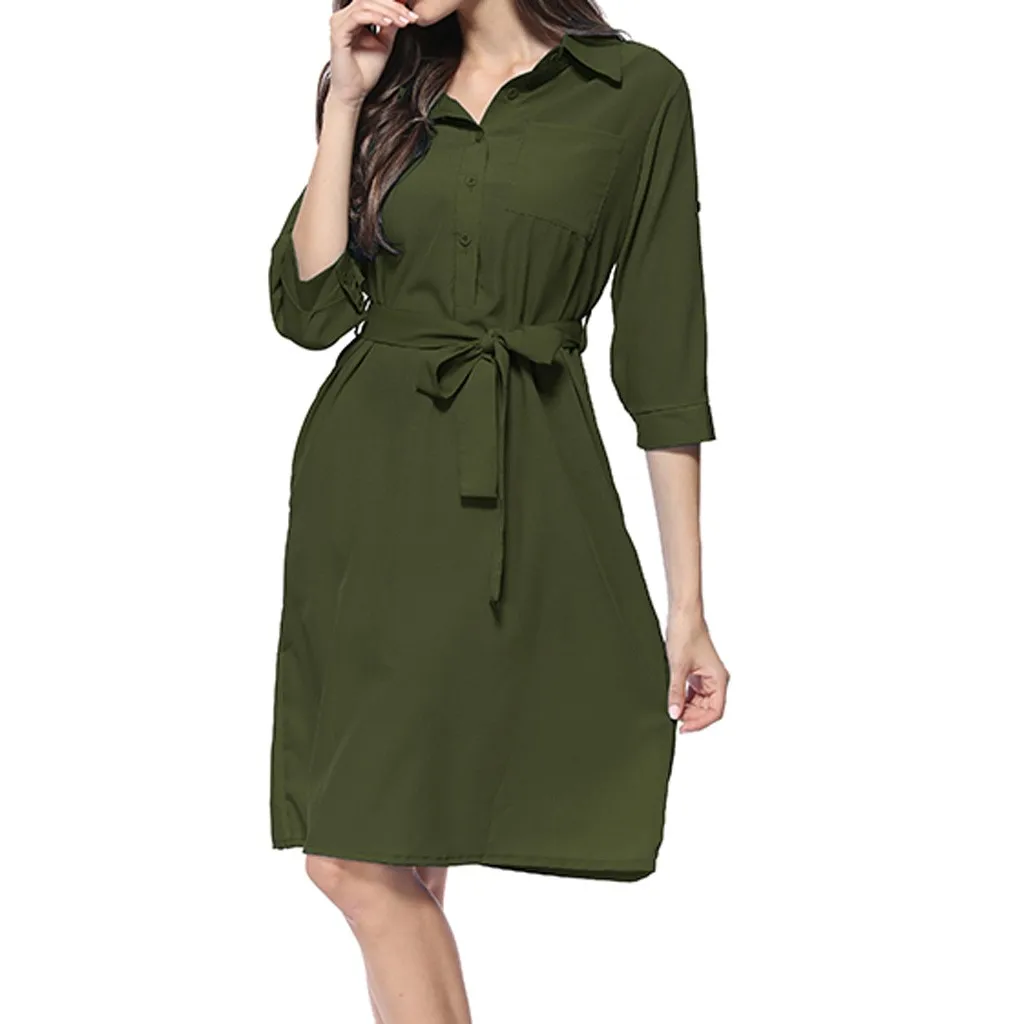Summer Dress Women Fashion Casual Solid Color Pockets Button Turn-down Collar Three Quarter Sleeve Knee Length Vestidos OY41