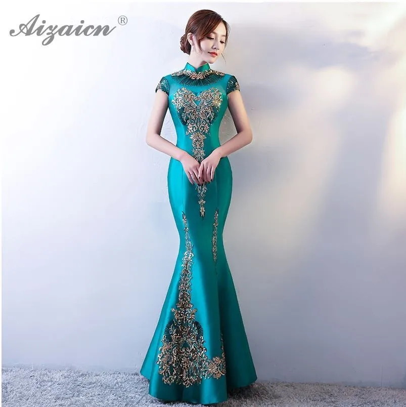 Современный зеленый вышивка Cheongsam хвост русалки Длинные Qipao Fsahion платья с блестками женское китайское вечернее платье Восточный стиль