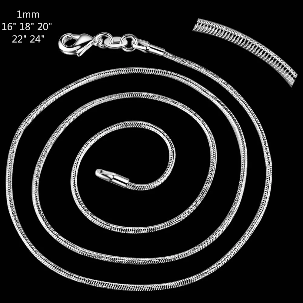 Женская цепочка со змеиным плетением, классическое ожерелье с серебряным покрытием 1 мм, 16 ~ 24 дюйма, бижутерия, великолепное качество, C008
