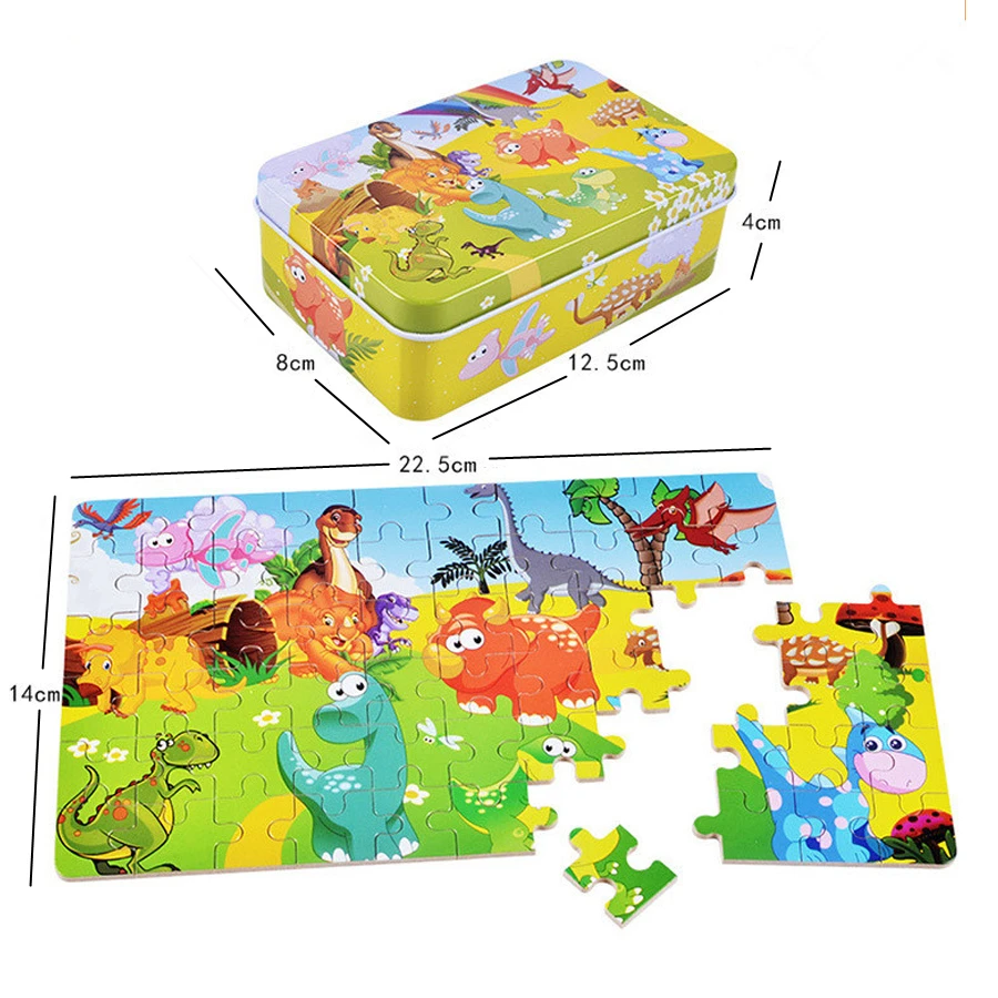 60 Pieces Puzzle Wooden Toys Cartoon Animal Wood Puzzles with Iron Box Kids Baby Early Educational Learning Toys for Children