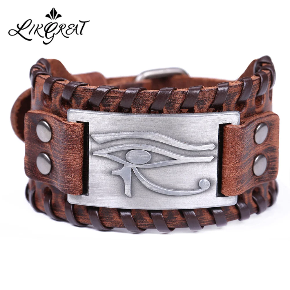 

LIKGREAT Metal Engraved Eye of Horus Amulet Bracelets for Men Vintage Cuff Wristband Punk Genuine Leather Wrap Bracelets Jewelry