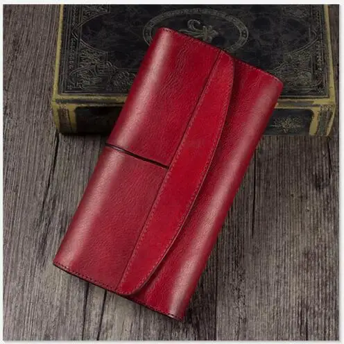 Красный Vintage Designer Genuine Leather Women's Clutch Purse Cow Skin Blackish Green Female Large Trifold Wallet Lady Long Card Wallet - Цвет: Красный