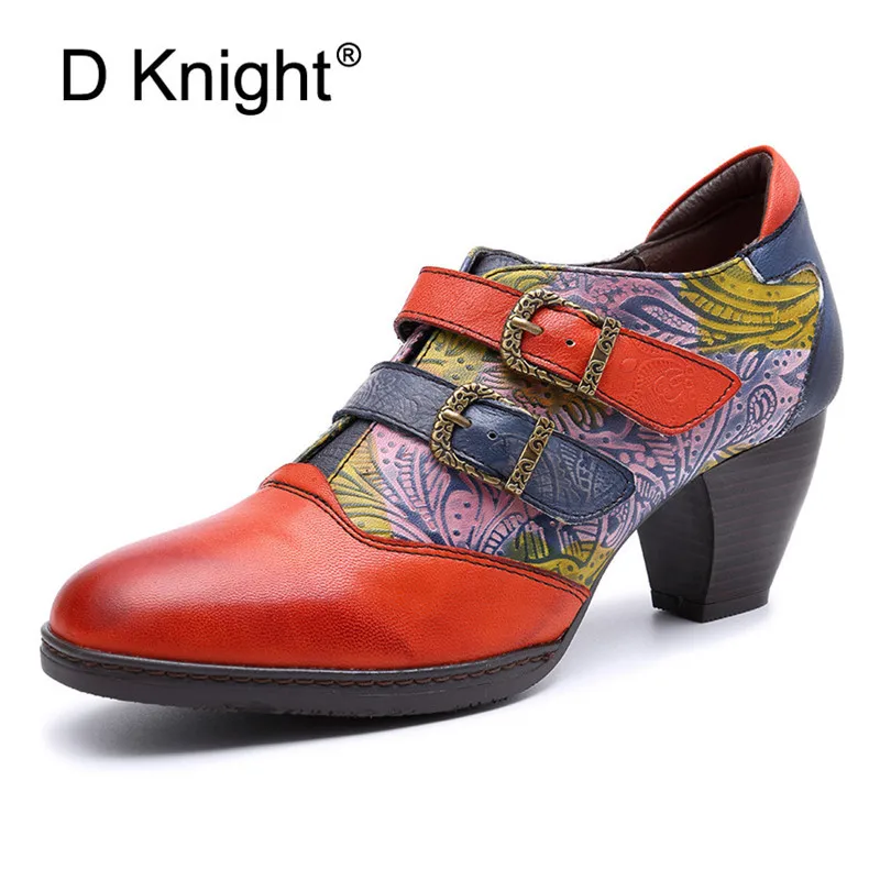 Stylish Genuine Leather Women Pumps Splicing Stitching Buckle Strap Soft Ladies High Heel Pumps Slip On Summer Shoes For Woman