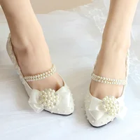 Plus sizes white satin bowtie wedding shoes women female lady luxury crystal butterfly-knot brides shoes string bead party shoe