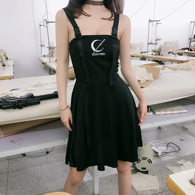 Summer Women Black Dress Vintage Sexy Punk Sleeveless Dark Gothic Backless Embroidery Moon Dresses for Girl | Женская одежда