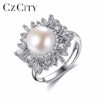 czcity snowflake 925 sterling silver engagement finger ring freshwater natural pearl cz ring female jewelry size resizable