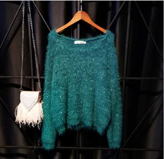 peacok green Cakucool/13 цветов, вязаные топы с блестками, женские джемперы с длинными рукавами, круглый вырез, повседневный свободный блестящий свитер из искусственной норки для волос, Femme - Цвет: peacok green