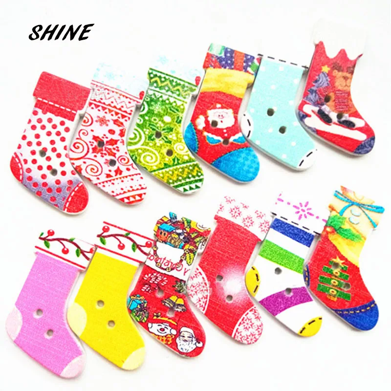 Блестящие деревянные швейные пуговицы Скрапбукинг Рождественские Чулки разные