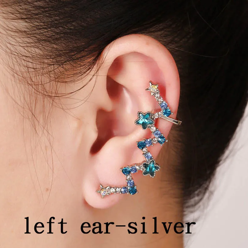 Left ear silver Женские вечерние серьги-каффы в богемном стиле, в подарок, стразы, заполненные синими кристаллами и звездами, позолоченные сережки-клипсы - Окраска металла: Left ear silver