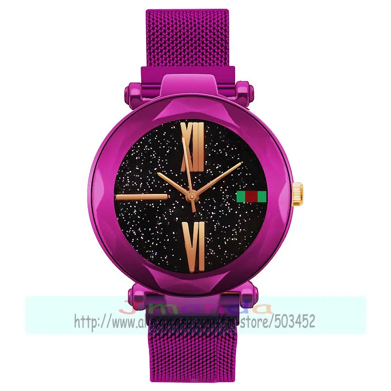 purple 100 шт./лот, модные часы с магнитной сеткой, без логотипа, римское количество, цветные ремни, мужские и женские наручные часы, высокое качество, звездное небо, сетчатые часы - Цвет: purple