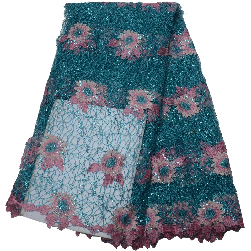 

Free shipping (5yards/pc) very beautiful African guipure lace fabric in blue pink with lots of sequins for party dress WLP977