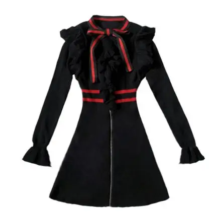 Женское платье в полоску с длинным рукавом и бантом элегантное винтажное